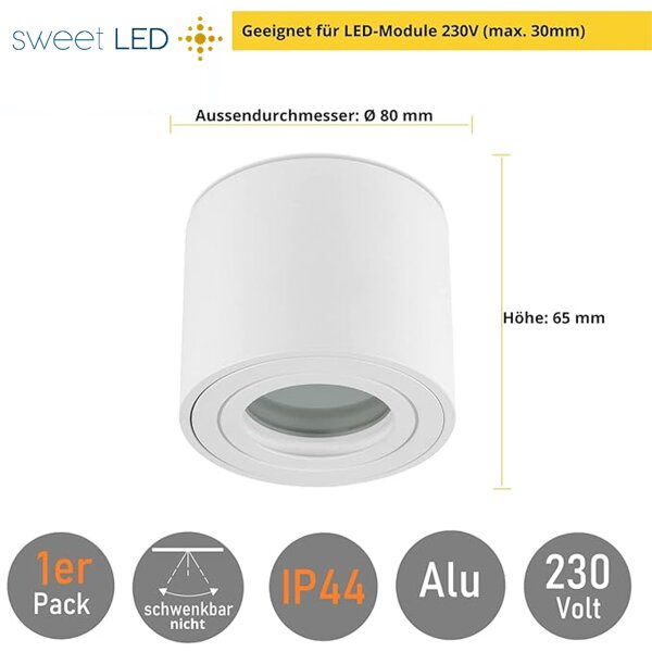 LED Bad Aufbaustrahler IP44 4er Set | Weiß Matt Rund Aluminium | Flach 65mm Deckenspots 230V Aufputz Ø 80mm