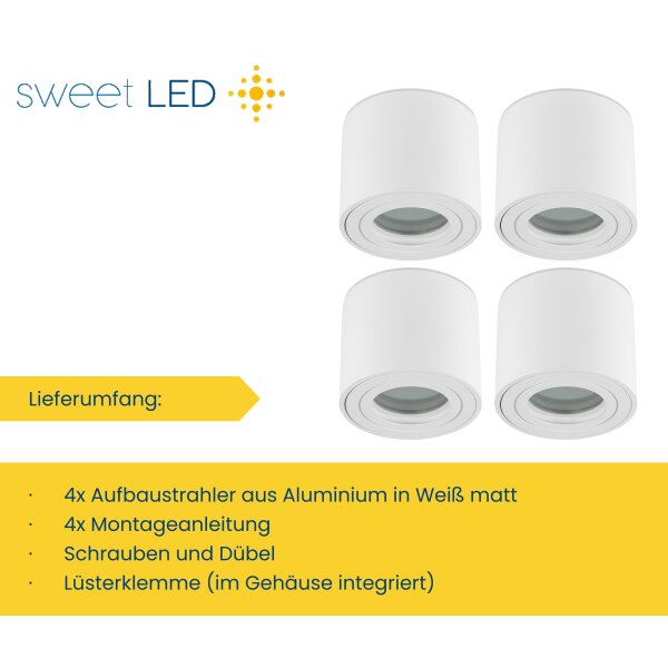 LED Bad Aufbaustrahler IP44 4er Set | Weiß Matt Rund Aluminium | Flach 65mm Deckenspots 230V Aufputz Ø 80mm