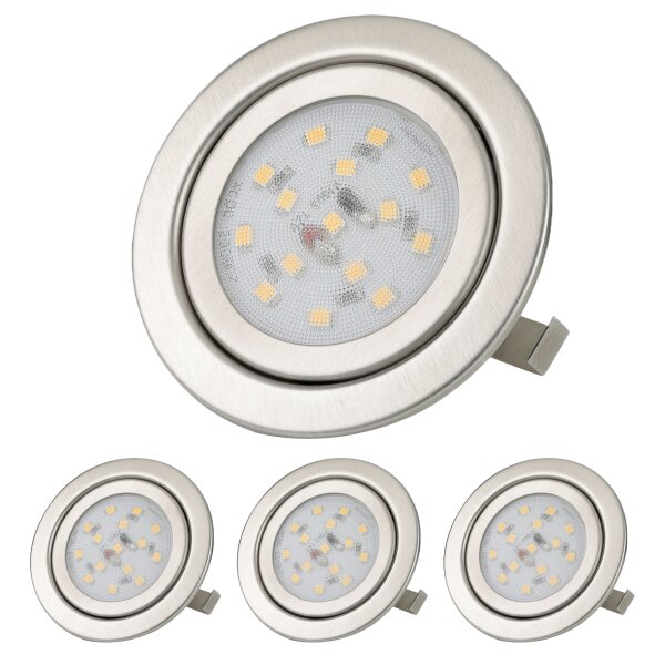 4er SET Sparpack - Möbel LED Einbaustrahler Chrom gebürstet rund - LED Einbauspot 230V inkl. Leuchtmittel 3W 3000K warmweiß