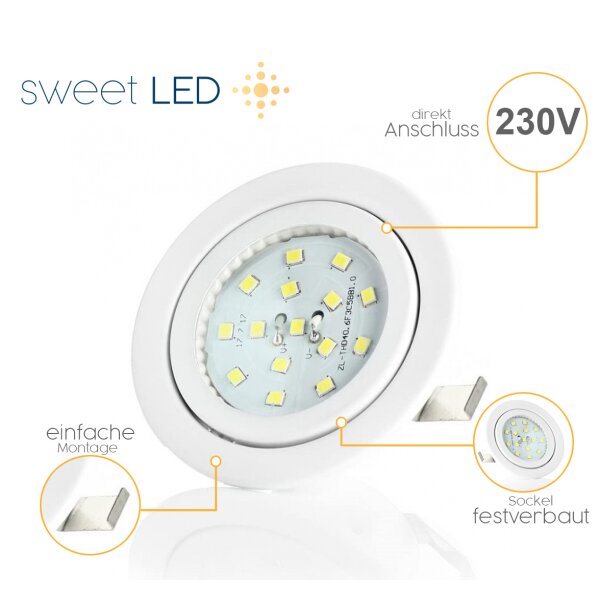 Möbeleinbaustrahler LED - 230V Leuchte Möbel modern - Led Strahler Flach ca. 30 mm Einbautiefe - LED Spots weiß kaltweiß rund - 4er Sparpack