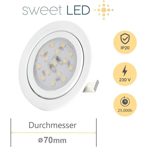 Möbeleinbaustrahler LED - 230V Leuchte Möbel modern - Led Strahler Flach ca. 30 mm Einbautiefe - LED Spots weiß kaltweiß rund - 4er Sparpack