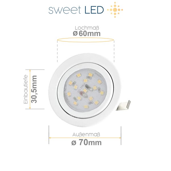 Licht Led Möbel Einbaustrahler 230V - Led Schrankbeleuchtung 3 Watt 68 mm Lochmaß - Led Einbauspots Flach weiß warmweiß - LED Strahler 4er Sparpack