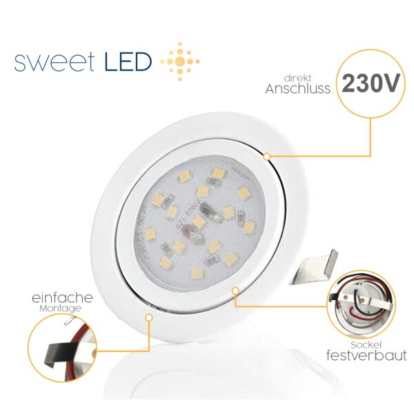 Licht Led Möbel Einbaustrahler 230V - Led Schrankbeleuchtung 3 Watt 68 mm Lochmaß - Led Einbauspots Flach weiß warmweiß - LED Strahler 4er Sparpack