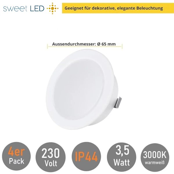 LED IP44 Möbel Einbaustrahler 230V - Möbeleinbauleuchten Led flach ca. 20 mm Einbautiefe - Led Strahler für Bad weiß warmweiß rund - 4er Sparpack