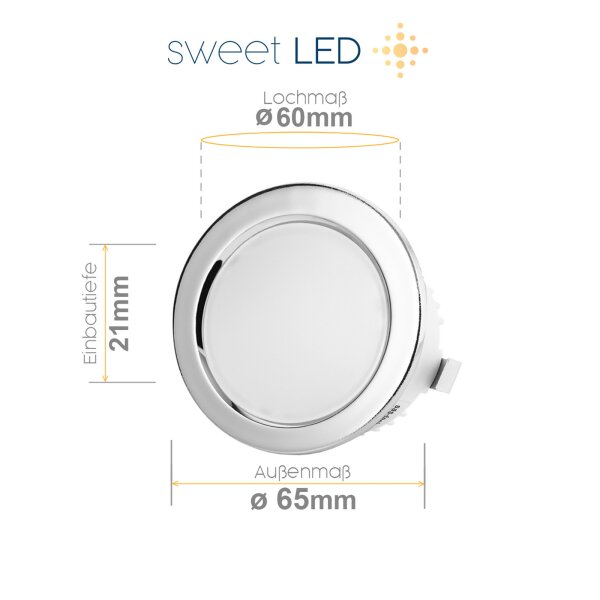 230V Möbel Einbaustrahler LED - Möbeleinbauleuchten Led Ultra Flach für Bad IP44 - Led Strahler rund chromfarbig kaltweiß  - 4er Sparpack