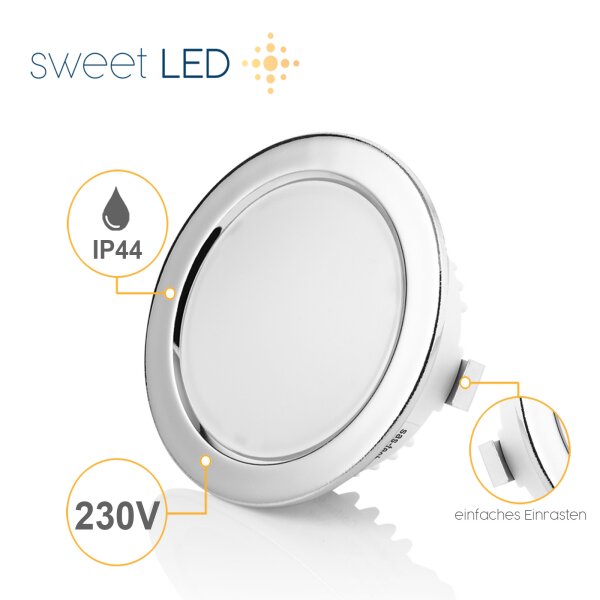 230V Möbel Einbaustrahler LED - Möbeleinbauleuchten Led Ultra Flach für Bad IP44 - Led Strahler rund chromfarbig kaltweiß  - 4er Sparpack