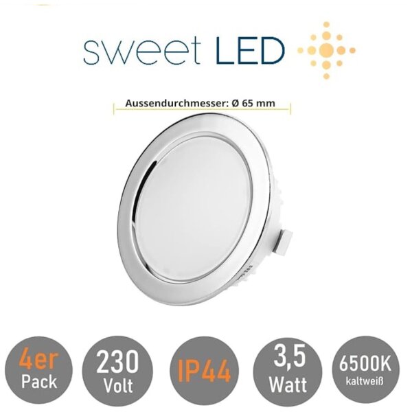 230V Möbel Einbaustrahler LED - Möbeleinbauleuchten Led Ultra Flach für Bad IP44 - Led Strahler rund chromfarbig kaltweiß  - 4er Sparpack