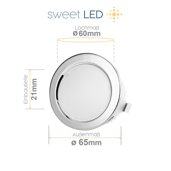 Led Möbel Einbaustrahler 230 Volt - Mini Led Strahler IP44 für Badezimmer - Led Einbauspots Flach chromfarbig warmweiß 60 mm Lochmaß - 4er Sparpack