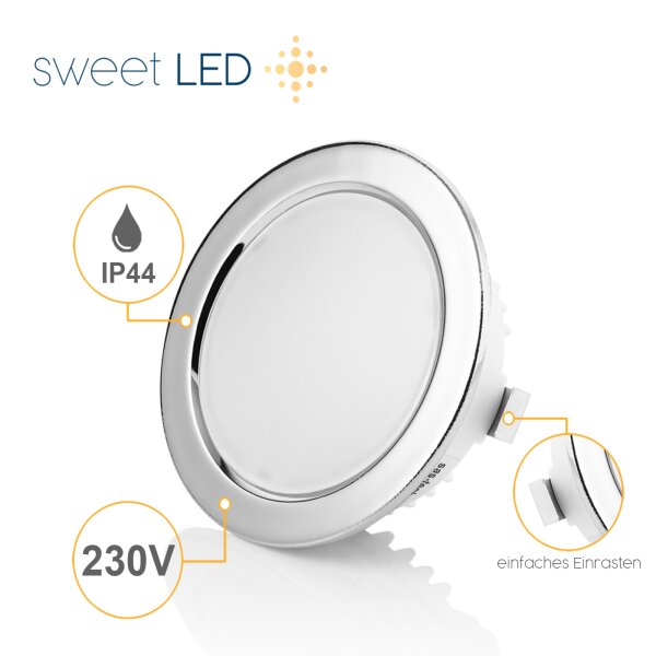 Led Möbel Einbaustrahler 230 Volt - Mini Led Strahler IP44 für Badezimmer - Led Einbauspots Flach chromfarbig warmweiß 60 mm Lochmaß - 4er Sparpack