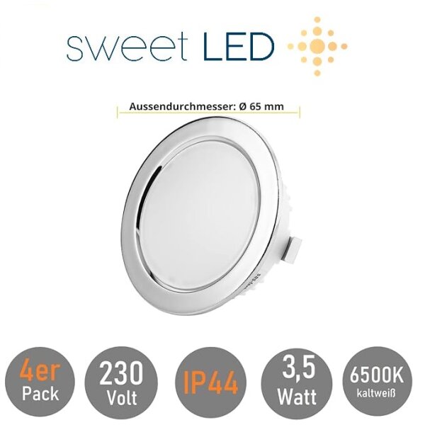 Led Möbel Einbaustrahler 230 Volt - Mini Led Strahler IP44 für Badezimmer - Led Einbauspots Flach chromfarbig warmweiß 60 mm Lochmaß - 4er Sparpack