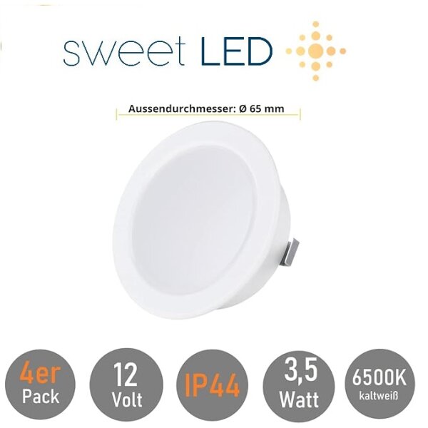 Einbaustrahler LED Möbel 12 Volt - Möbeleinbauleuchten LED Flach ca. 20 mm Einbautiefe - LED Strahler Bad IP44 weiß warmweiß rund - 4er Sparpack