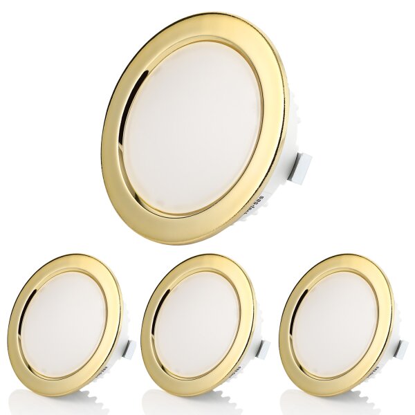 12V Möbel Einbaustrahler LED ultra Flach - LED Einbauspots Bad IP44 60 mm Lochmaß - Led Schrankbeleuchtung rund goldfarbig warmweiß - 4er Sparpack