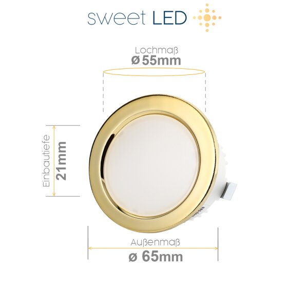 12V Möbel Einbaustrahler LED ultra Flach - LED Einbauspots Bad IP44 60 mm Lochmaß - Led Schrankbeleuchtung rund goldfarbig warmweiß - 4er Sparpack