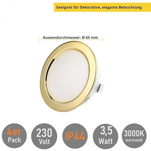 12V Möbel Einbaustrahler LED ultra Flach - LED Einbauspots Bad IP44 60 mm Lochmaß - Led Schrankbeleuchtung rund goldfarbig warmweiß - 4er Sparpack