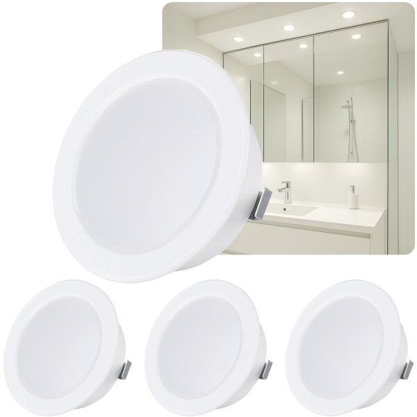 4er Sparpack - LED Möbel Einbaustrahler 12V - LED Einbauspots Badezimmer IP44 - Möbeleinbauleuchten Led Flach rund weiß kaltweiß ca. 20 mm Einbautiefe