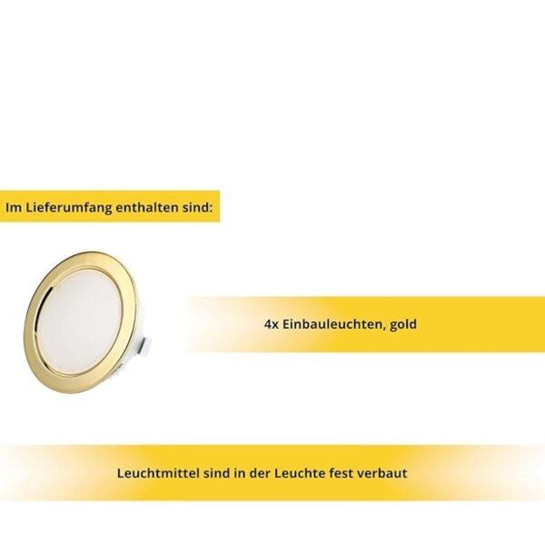 LED Einbaustrahler Möbel 12V - Led Strahler für Bad IP44 rund goldfarbig kaltweiß 6500K - LED Einbauspots ultra Flach 3.5 Watt - 4er Sparpack