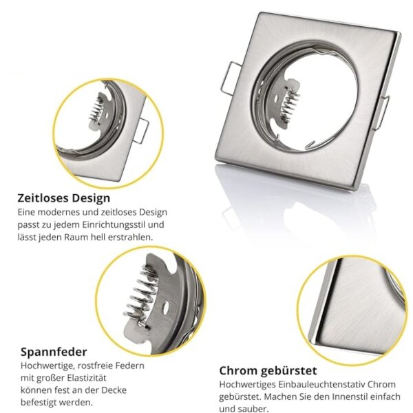 230 Volt Einbaustrahler Flach - Deckenspots Eckig Chrom Gebürstet GU10 - Einbaurahmen ohne Leuchtmittel -  10er SET Sparpack