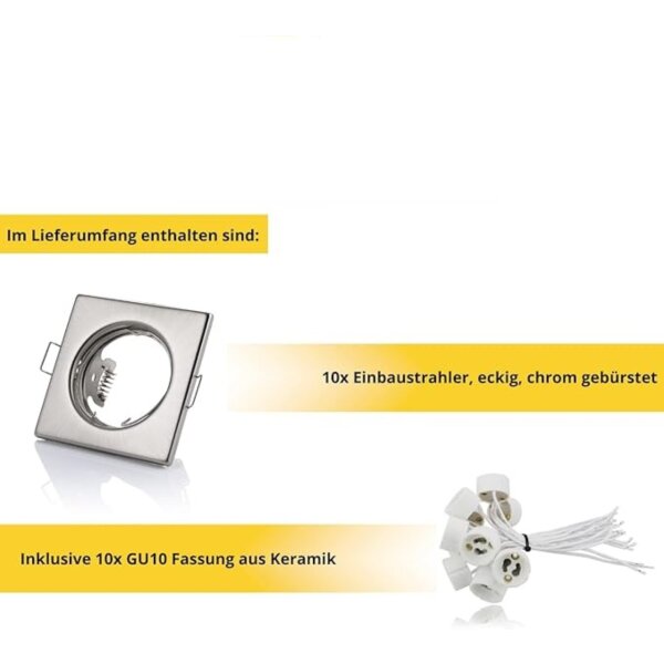 230 Volt Einbaustrahler Flach - Deckenspots Eckig Chrom Gebürstet GU10 - Einbaurahmen ohne Leuchtmittel -  10er SET Sparpack