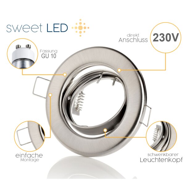 10er Einbaustrahler Wohnzimmer -Einbaurahmen Decke chrom gebürstet schwenkbar, Deckenspots 230V - Sparpack