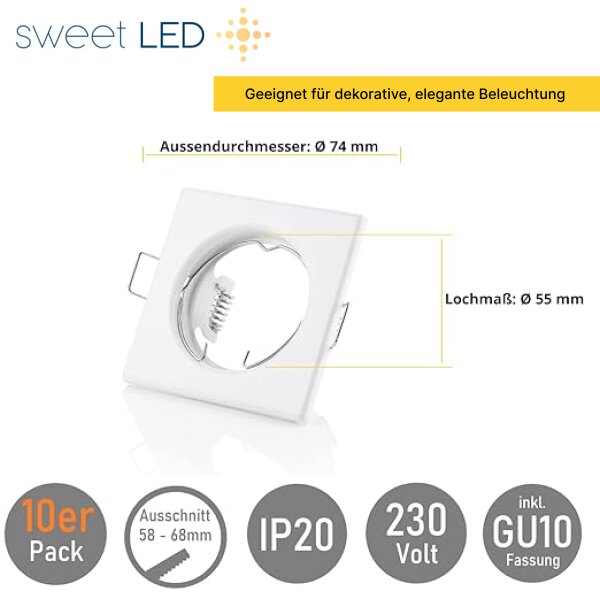 LED Einbaustrahler 10er Set 230V GU10 Eckig | Deckeneinbauspots