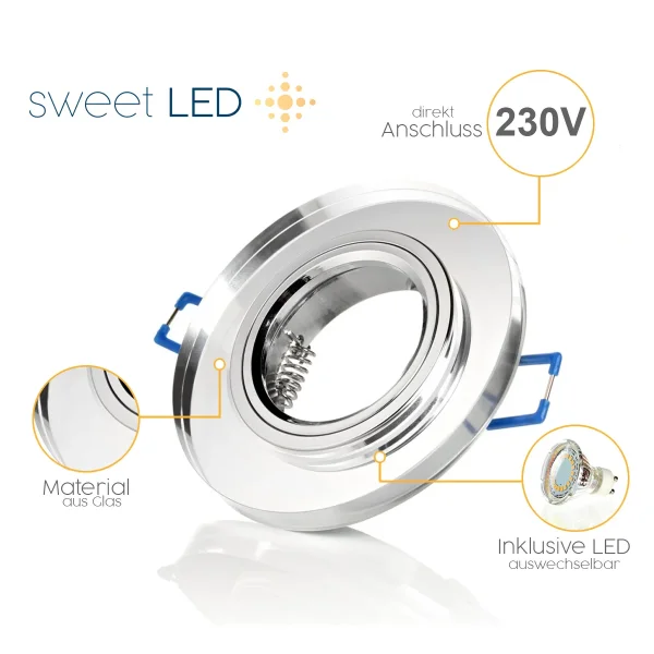 LED Einbaustrahler Glas Schwenkbar | 12er Set GU10 Flach Rund
