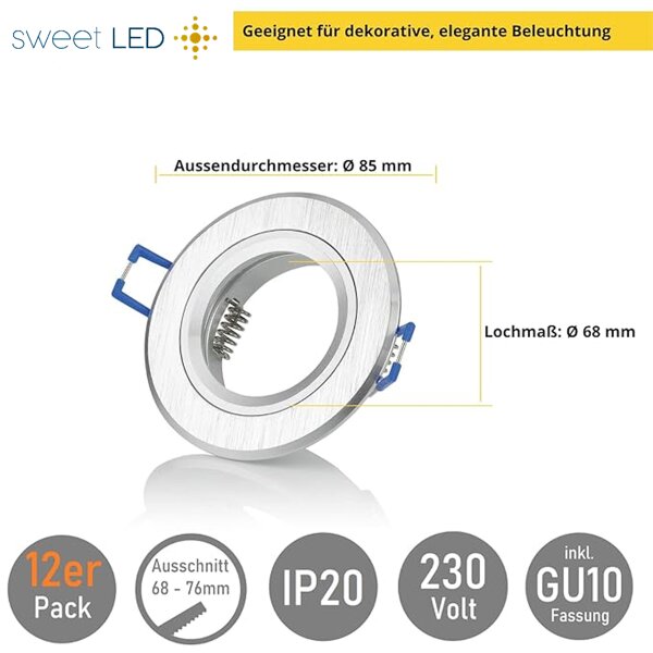 LED Einbaustrahler GU10 Alu Silber | 12er Set gebürstet Rund