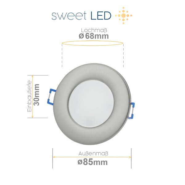 Sparpack 230V Einbaustrahler Bad LED - LED Deckenspots Dimmbar Rund Chromfarbig Gebürstet - Deckenleuchte für Bedezimmer IP44 6.5W Kaltweiß 5er SET