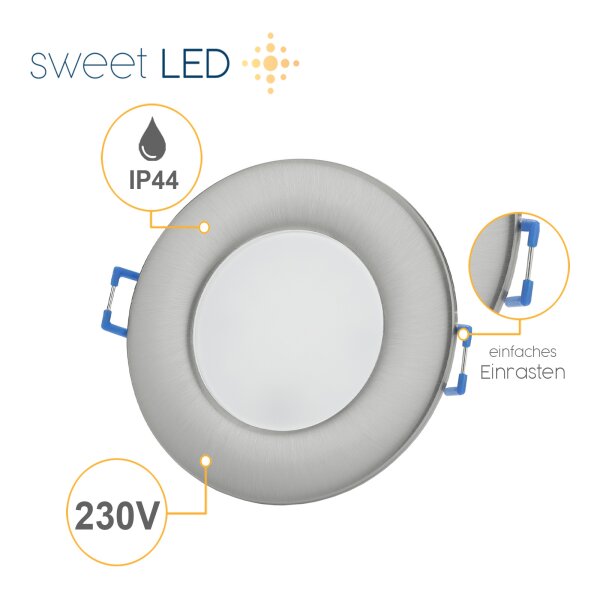 Sparpack 230V Einbaustrahler Bad LED - LED Deckenspots Dimmbar Rund Chromfarbig Gebürstet - Deckenleuchte für Bedezimmer IP44 6.5W Kaltweiß 5er SET