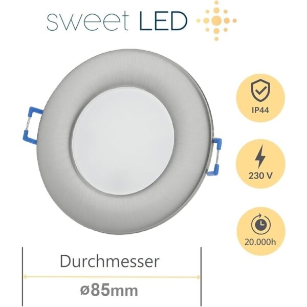 Sparpack 230V Einbaustrahler Bad LED - LED Deckenspots Dimmbar Rund Chromfarbig Gebürstet - Deckenleuchte für Bedezimmer IP44 6.5W Kaltweiß 5er SET