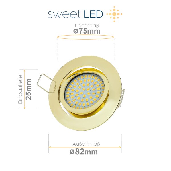 3.5W Einbaustrahler 230 Volt - Led Lampe Decke schwenkbar gold rund warmweiß - LED Leuchtmittel flach 25 mm Einbautiefe - Sparpack 6er SET