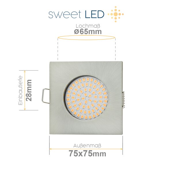 LED Einbaustrahler 230V flach - Einbauleuchten ca. 30 mm einbautiefe - Led Spots 6er Sparpack -  Deckenspot chrom gebürstet  eckig -  3.5W Warmweiß