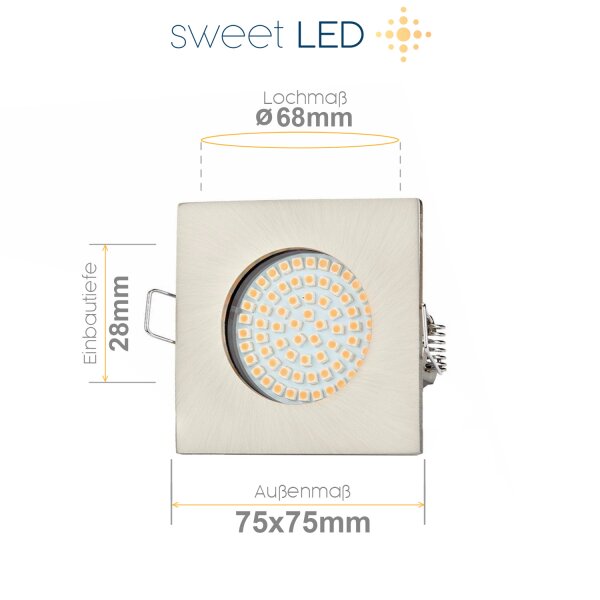 230V Flache Einbaustrahler LED - Spot Strahler chrom gebürstet eckig - LED Deckenleuchte 3.5 Watt kaltweiß 6500K - 6er SET Sparpack