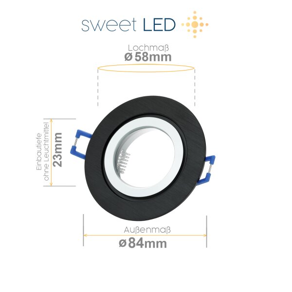 Sparpack Einbaurahmen Decke - Led Einbaustrahler Bad IP44 - LED Deckenstrahler 230V Aluminium mit Klickverschluss rund schwarz gebürstet - 4er SET