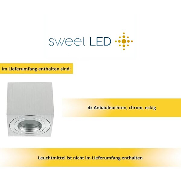 4er Set Eckig LED Aufbaustrahler IP44 Bad | Alu Gebürstet Aluminium | 230V Aufputz Deckenspot 80x80mm