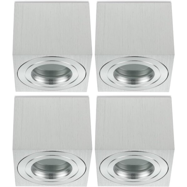 4er Set Eckig LED Aufbaustrahler IP44 Bad | Alu Gebürstet Aluminium | 230V Aufputz Deckenspot 80x80mm