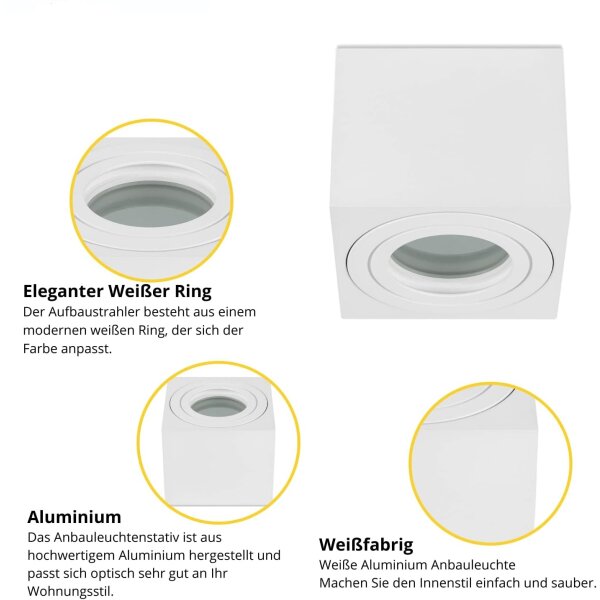 Deckenstrahler IP44 Bad - Spots Decke Led eckig flach 65 mm Höhe - 230V Aufbauspots Aluminium weiß matt - Led Deckenleuchte 4er Sparpack