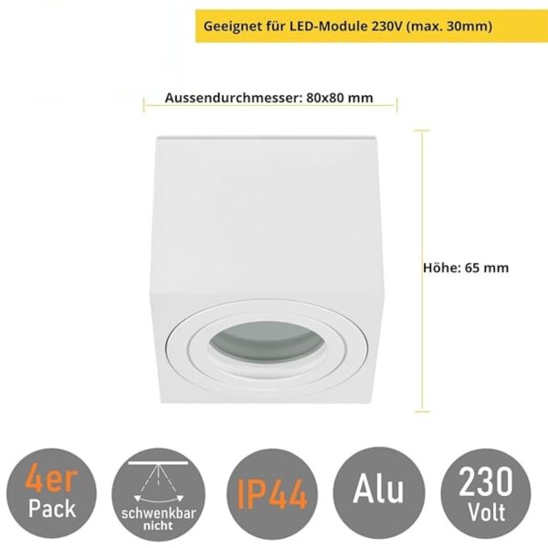 Deckenstrahler IP44 Bad - Spots Decke Led eckig flach 65 mm Höhe - 230V Aufbauspots Aluminium weiß matt - Led Deckenleuchte 4er Sparpack