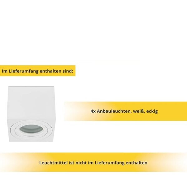Deckenstrahler IP44 Bad - Spots Decke Led eckig flach 65 mm Höhe - 230V Aufbauspots Aluminium weiß matt - Led Deckenleuchte 4er Sparpack