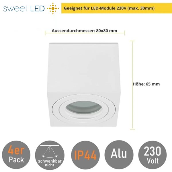 IP44 LED Bad Aufbaustrahler 4er Set | Weiß Matt Eckig Aluminium | 230V Aufputz Deckenspots Flach 65mm 80x80mm