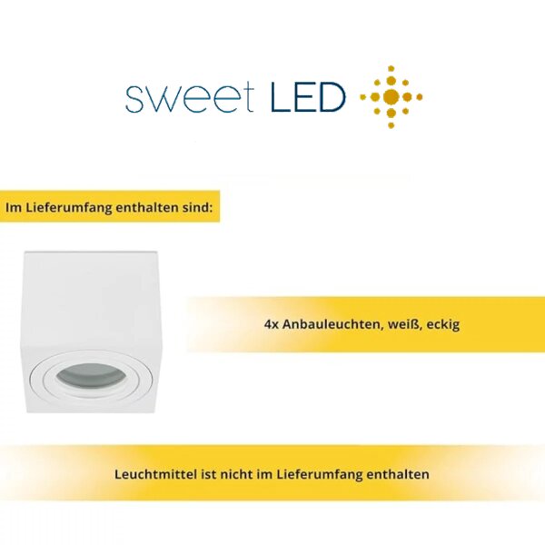 IP44 LED Bad Aufbaustrahler 4er Set | Weiß Matt Eckig Aluminium | 230V Aufputz Deckenspots Flach 65mm 80x80mm