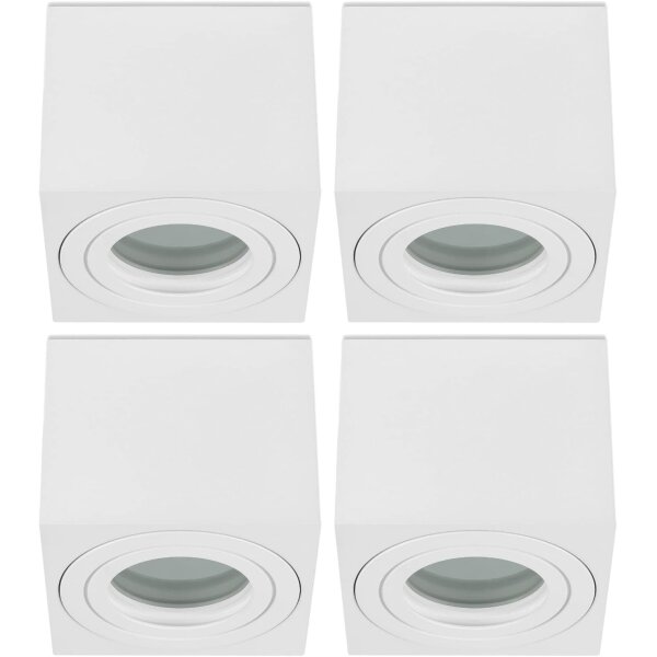 IP44 LED Bad Aufbaustrahler 4er Set | Weiß Matt Eckig Aluminium | 230V Aufputz Deckenspots Flach 65mm 80x80mm