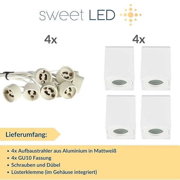 IP44 GU10 LED Aufbaustrahler Bad - Eckig Weiß Matt | 4er Set Aufbauspot