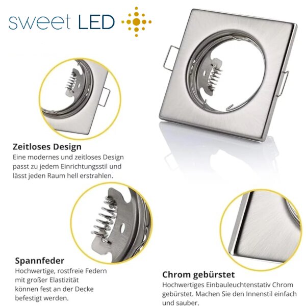 Einbaustrahler 230V Flach -  LED Spots Decke Eckig Chrom Gebürstet GU10 - Deckenlampe Schlafzimmer 30 mm Einbautiefe