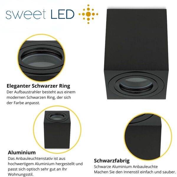 LED Deckenstrahler GU10 IP44 4er Set schwarz | Aufbauspots eckig