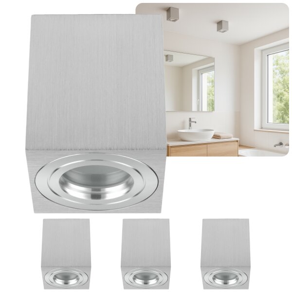 LED Aufbauspots GU10 IP44 4er Set Alu | Spots eckig Bad Decke