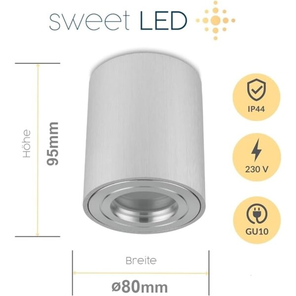 IP44 GU10 LED Aufbaustrahler Bad – Silber Gebürstet Aluminium | 4er Set Aufbauspots
