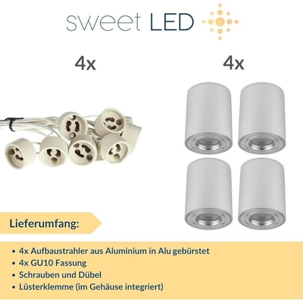 IP44 GU10 LED Aufbaustrahler Bad – Silber Gebürstet Aluminium | 4er Set Aufbauspots