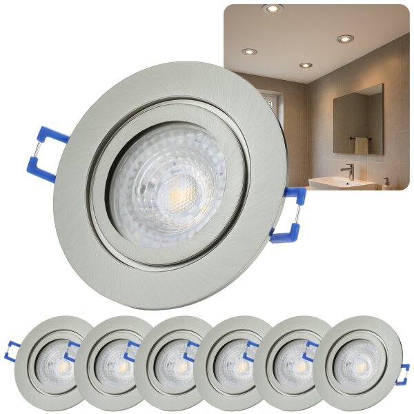 6er Set LED Einbaustrahler IP44 Bad Chrom Gebürstet | Einbauspots 7W Warmweiß 530lm 230V