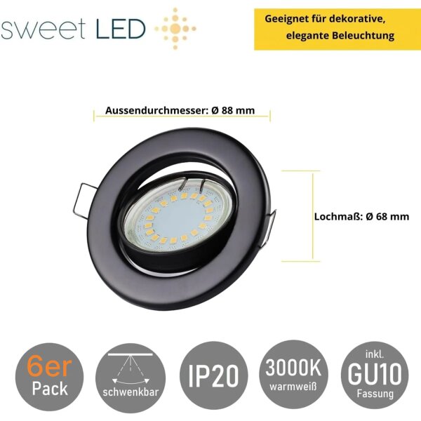LED Einbaustrahler GU10 | LED Einbauspots 230V 6er Set 5W 3000K Schwarz