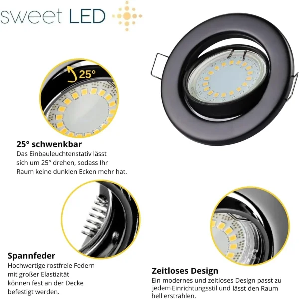 LED Einbaustrahler GU10 | LED Einbauspots 230V 6er Set 5W 3000K Schwarz